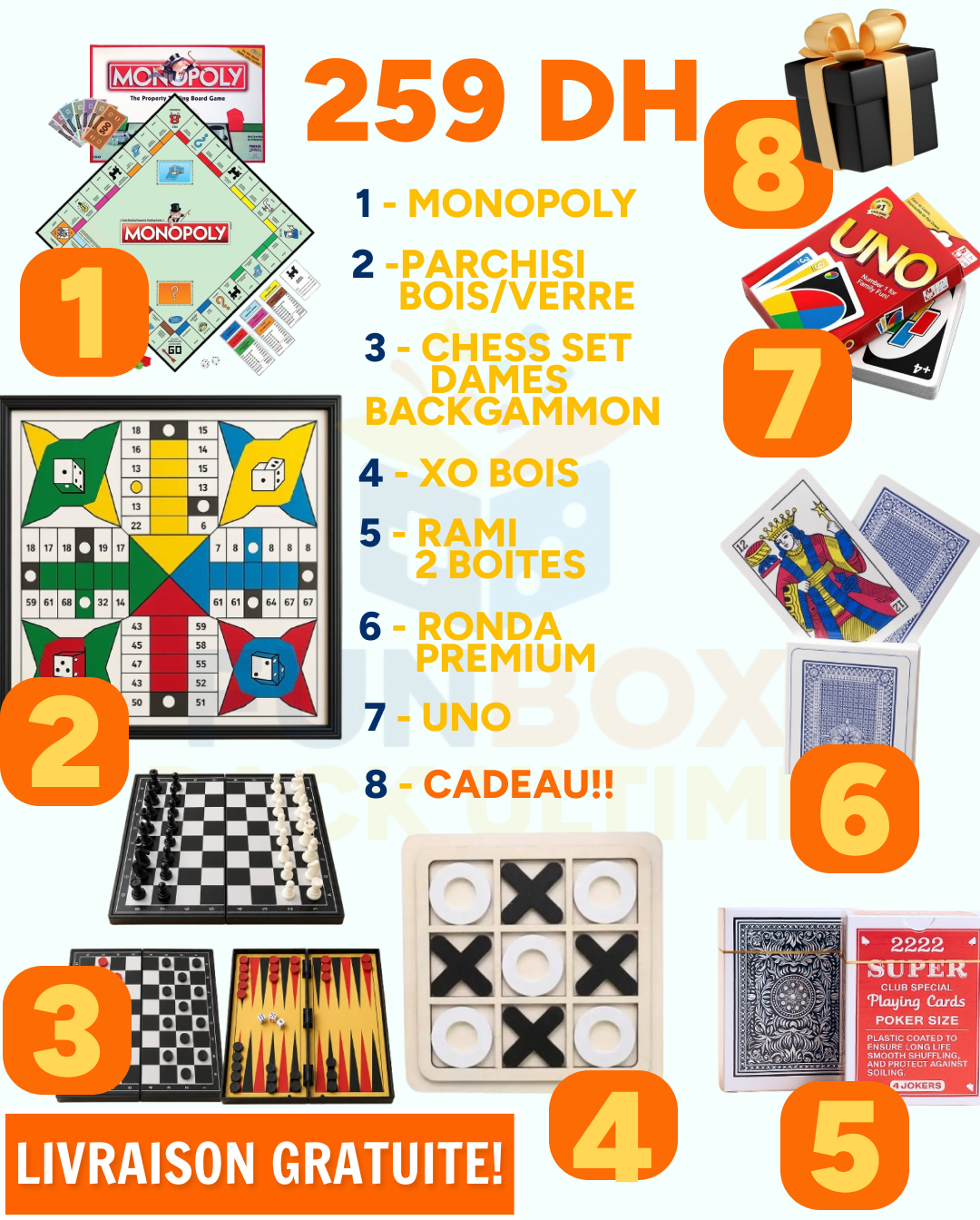 Pack 7 Jeux de Société Premium – Monopoly, Parchisi, Échecs, UNO – 259 DH